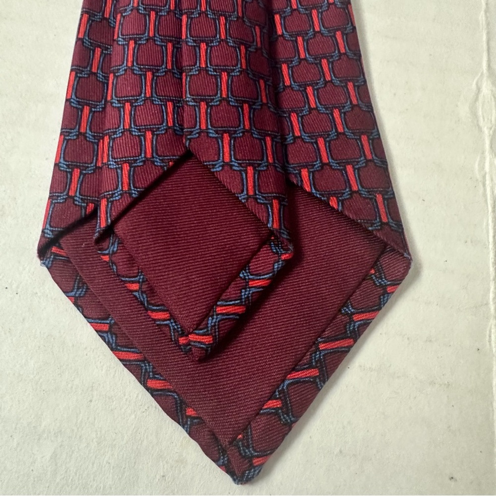 Hermès Silk Tie Luxury Burgundy, Red & Blue Equestrian Geometric Print Silk Tie - Picture 3 of 8